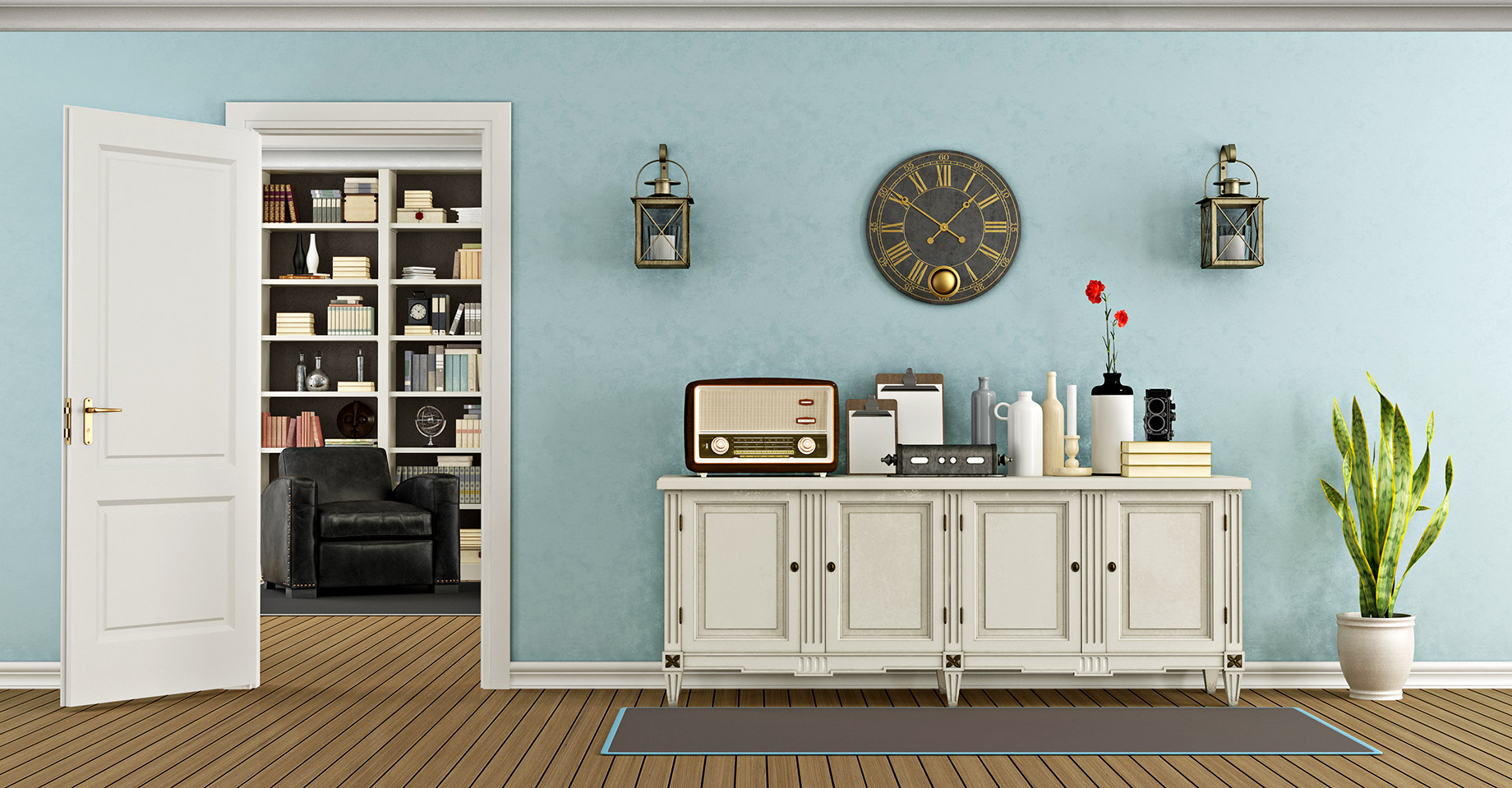 Sideboard Furniture Against A Blue Wall