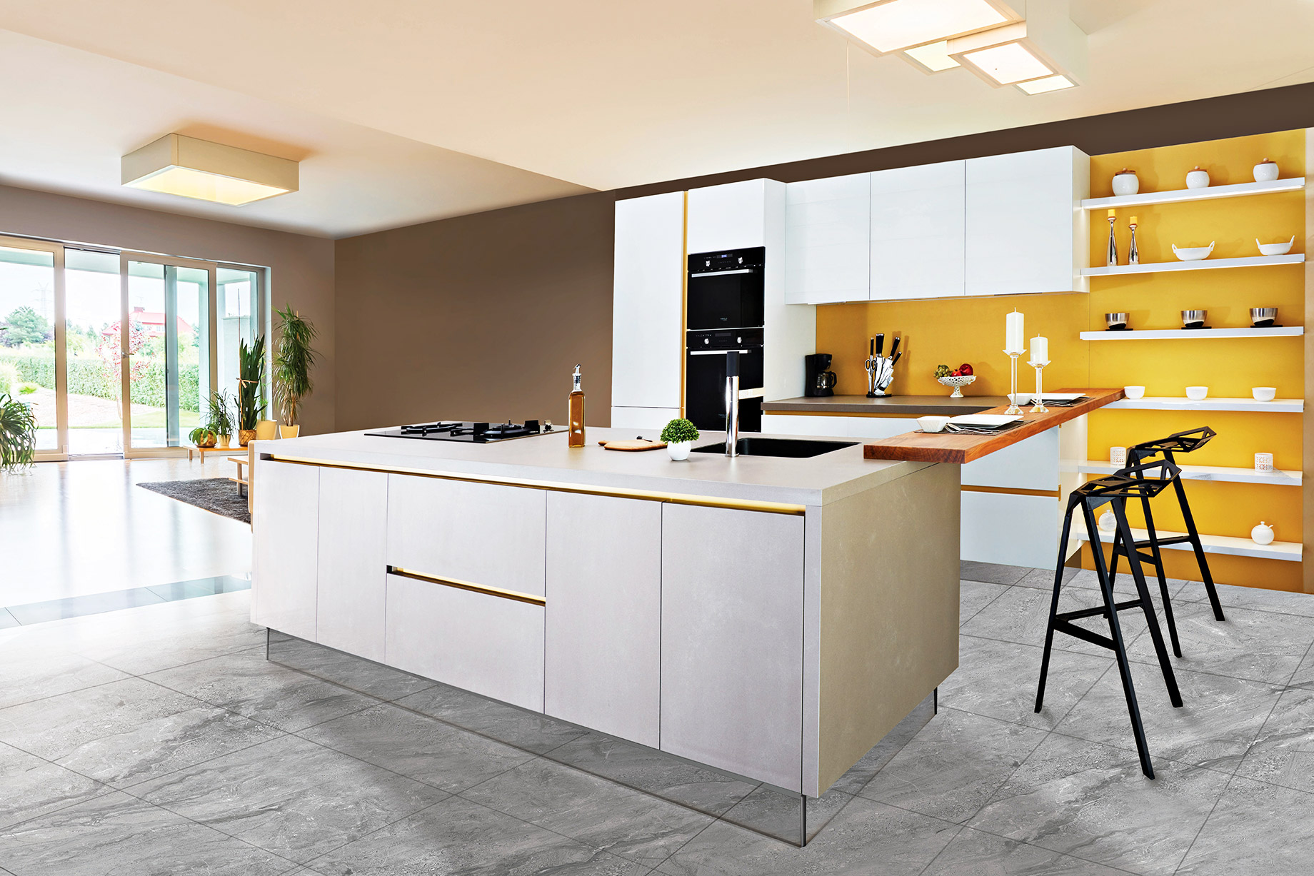 Modern Contemporary White Kitchen with Yellow Accents - Mumbai, Maharashtra, India