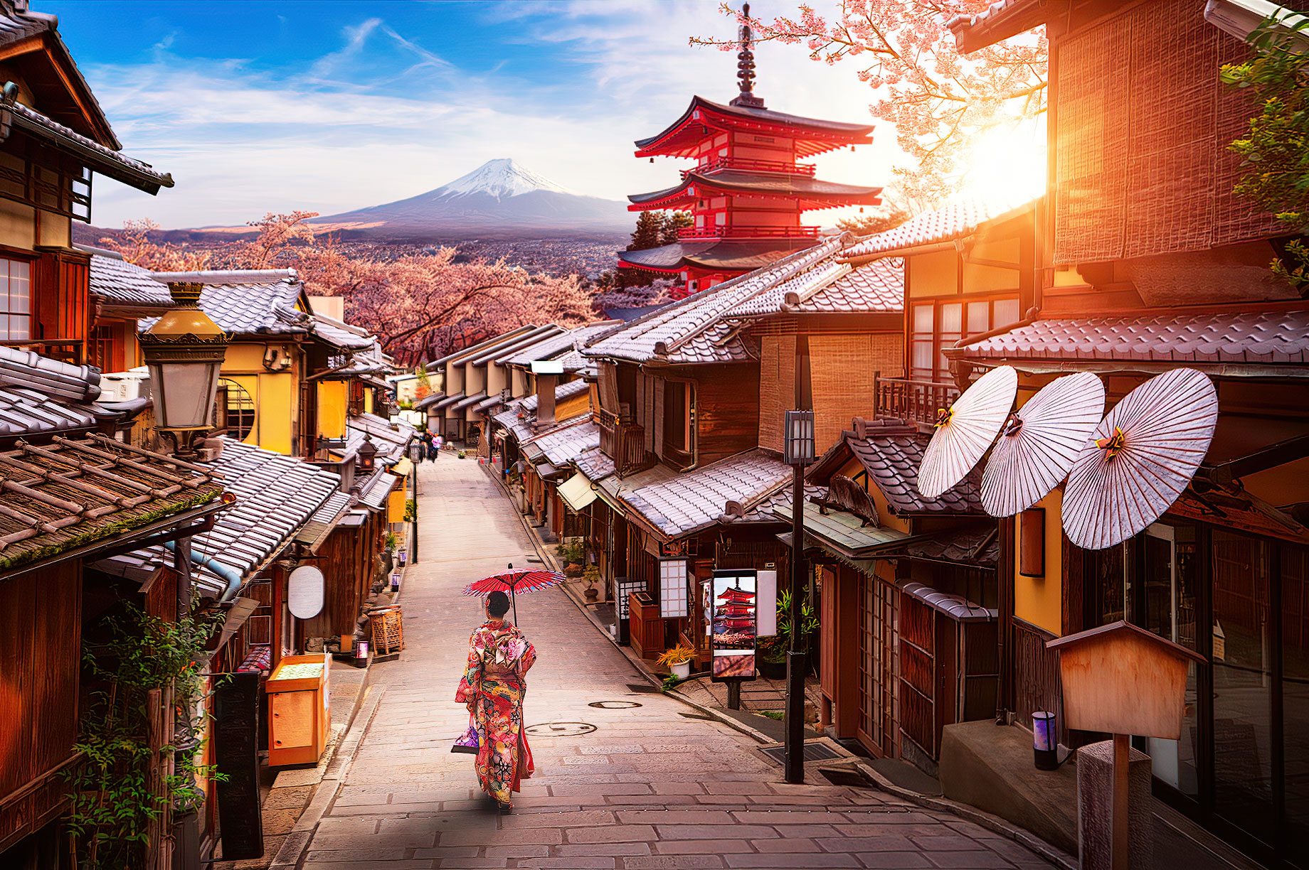 Japanese Woman Walking with a Red Umbrella – Historical Streets of Kyoto, Japan