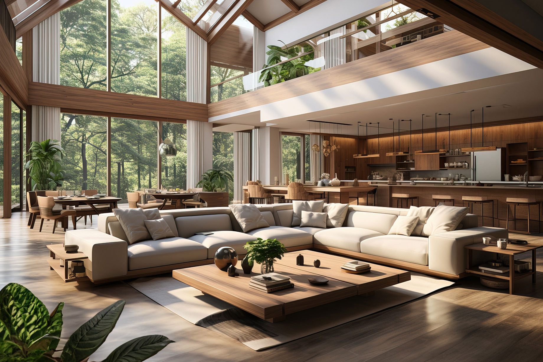 Biophilic Design - Luxury Modern Living Room with Double Height Glass Ceiling Tall Windows