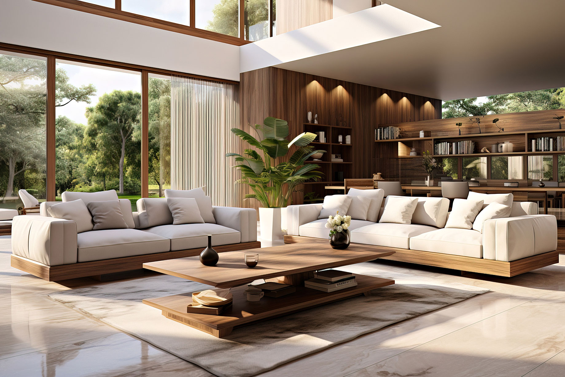 Earth Tones & Organic Palettes - Modern Living Room with White Couches, Marble Floors, and a Park View