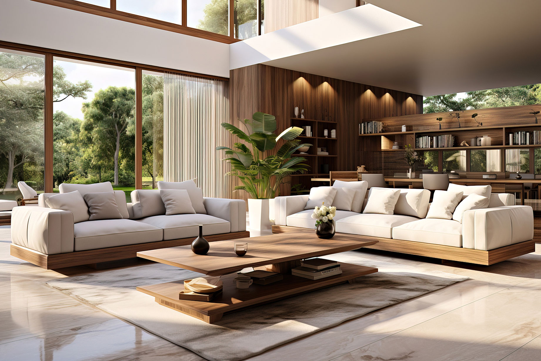 Earth Tones & Organic Palettes – Modern Living Room with White Couches, Marble Floors, and a Park View