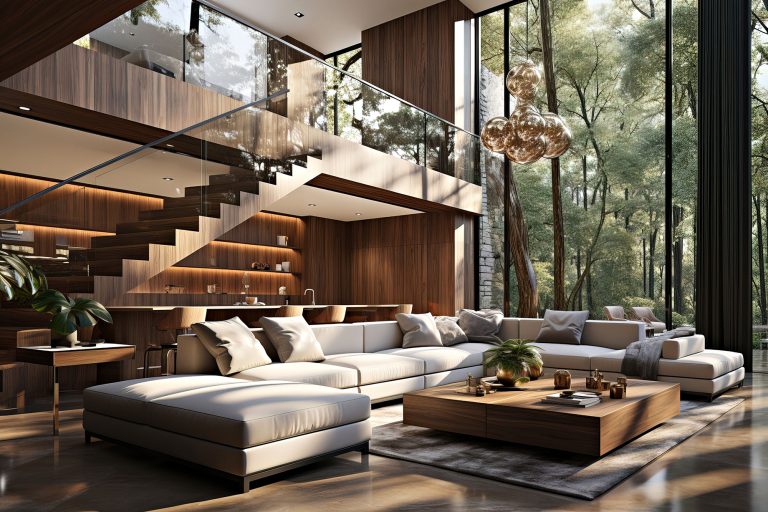 Image showcasing Biophilic Design – Luxury Modern Living Room with Double Height Glass ...