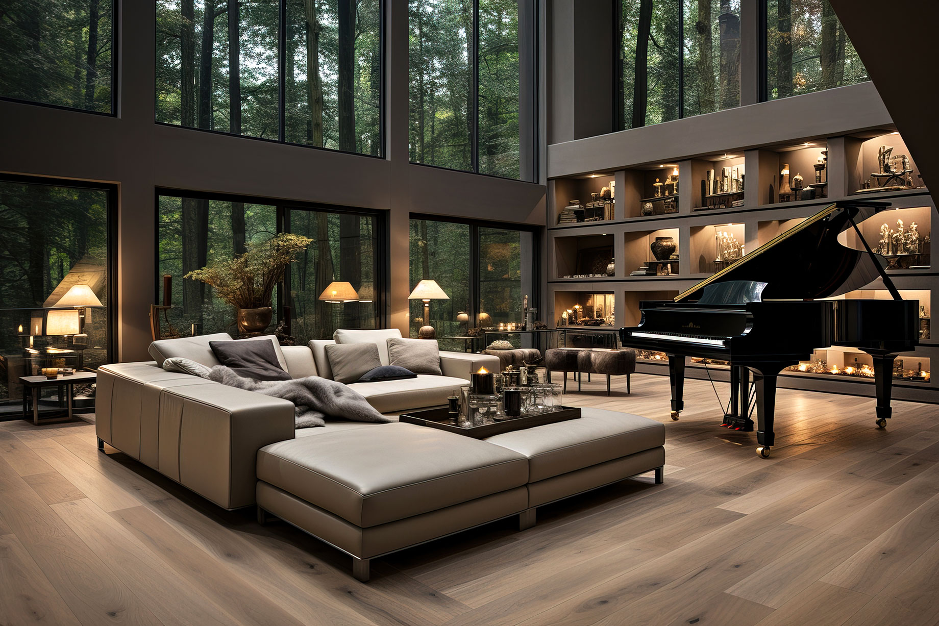 Multifunctional Spaces - Luxury Modern Living Room with a Large Sofa and Piano