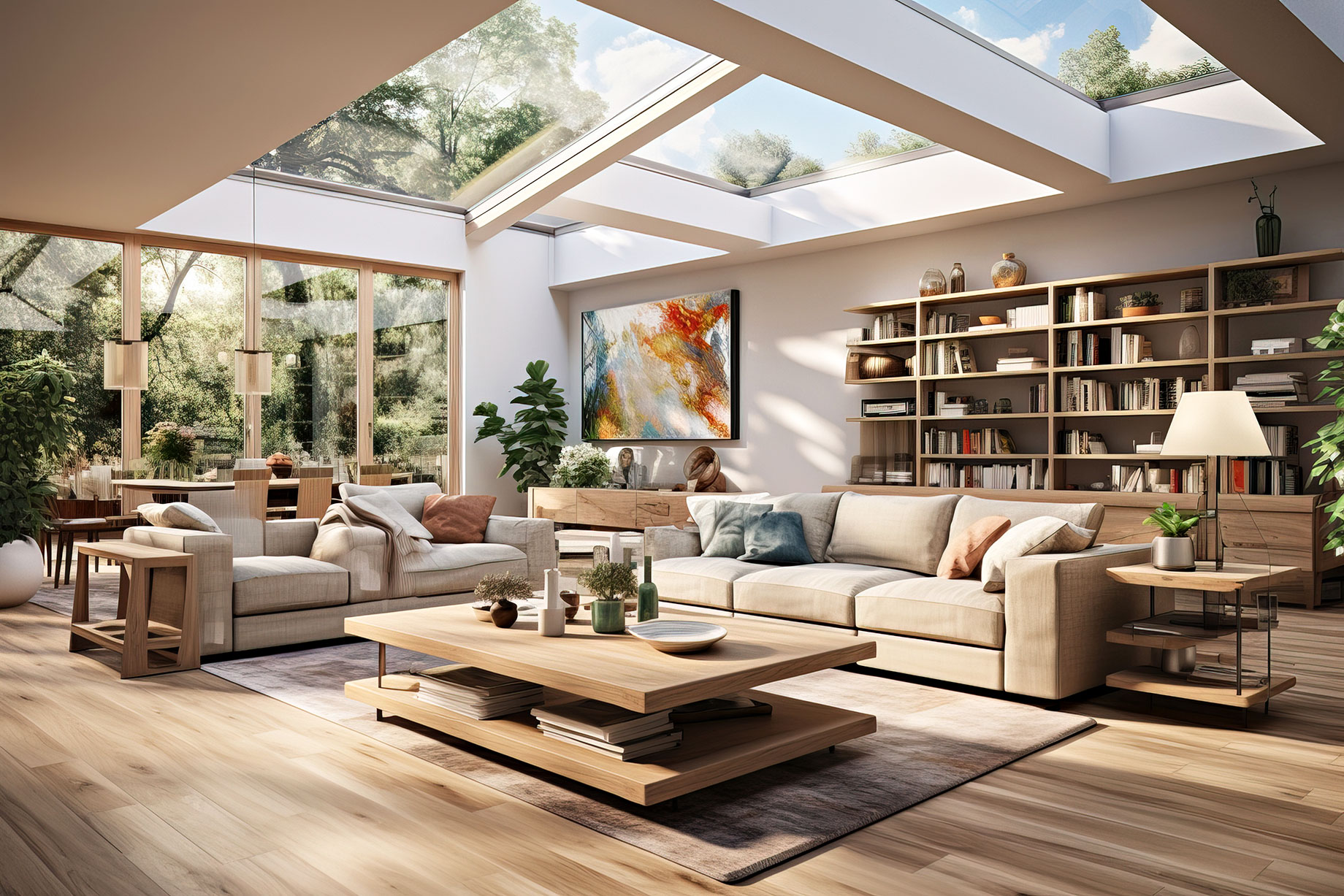Sustainable Luxury - Moden Living Room with Open Roof Skylight