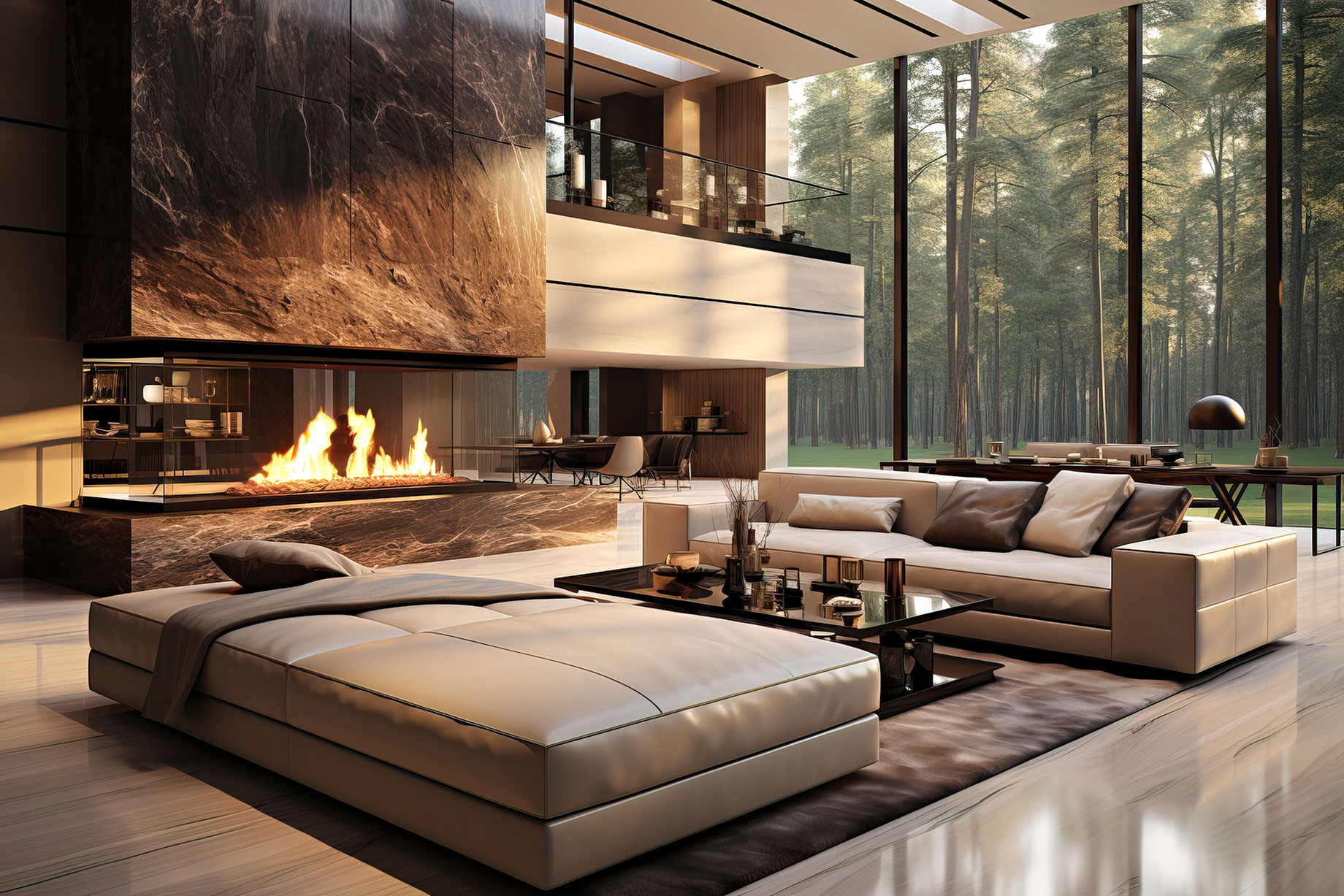 Textured Narratives - Luxury High-Ceiling Living Room, Large Couches, Tall Stone Fireplace, and Forest View