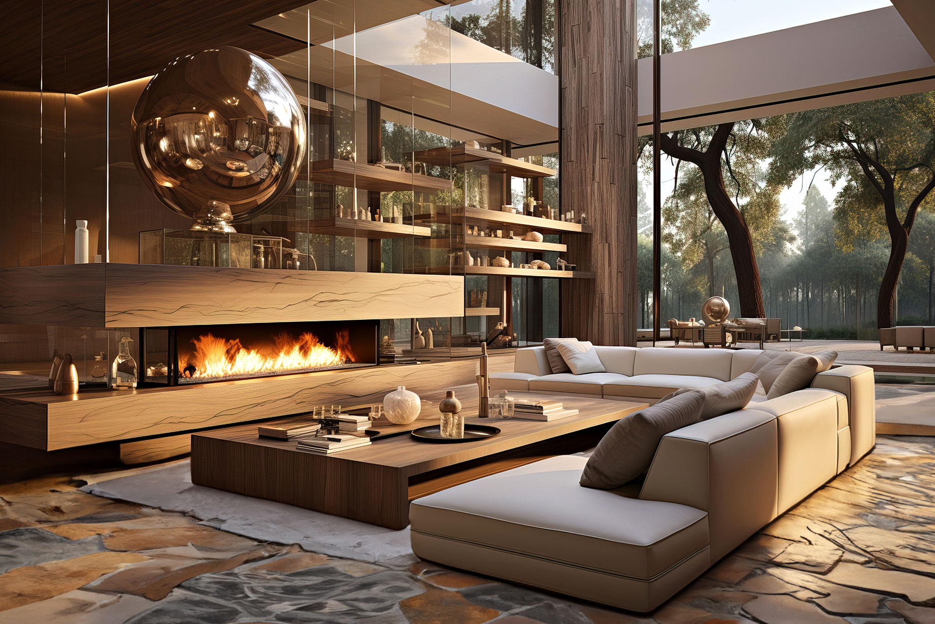 Vintage Modern Fusion – Luxury Modern Living Room with a Fireplace, Sofa, and Opulent Decor