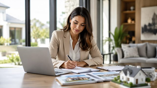Professional woman studying real estate materials at a modern desk with a laptop, paperwork, property brochures, and a small house model.