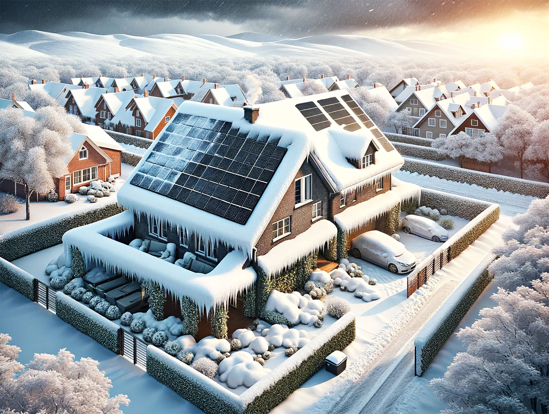 Frozen Snow-Covered Solar Panel Roof on House