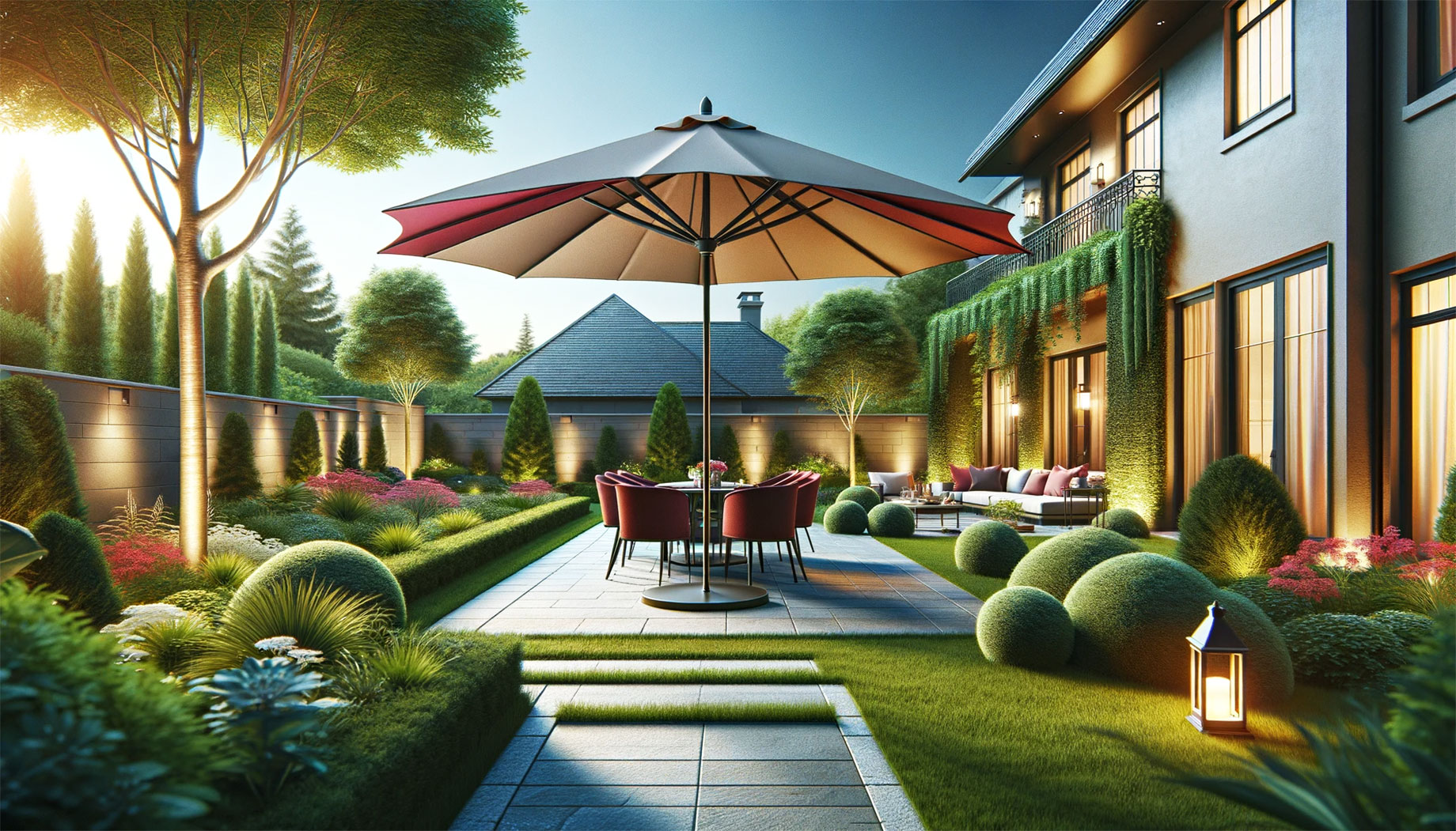 Luxury Home Backyard with Patio Set and Large Umbrella
