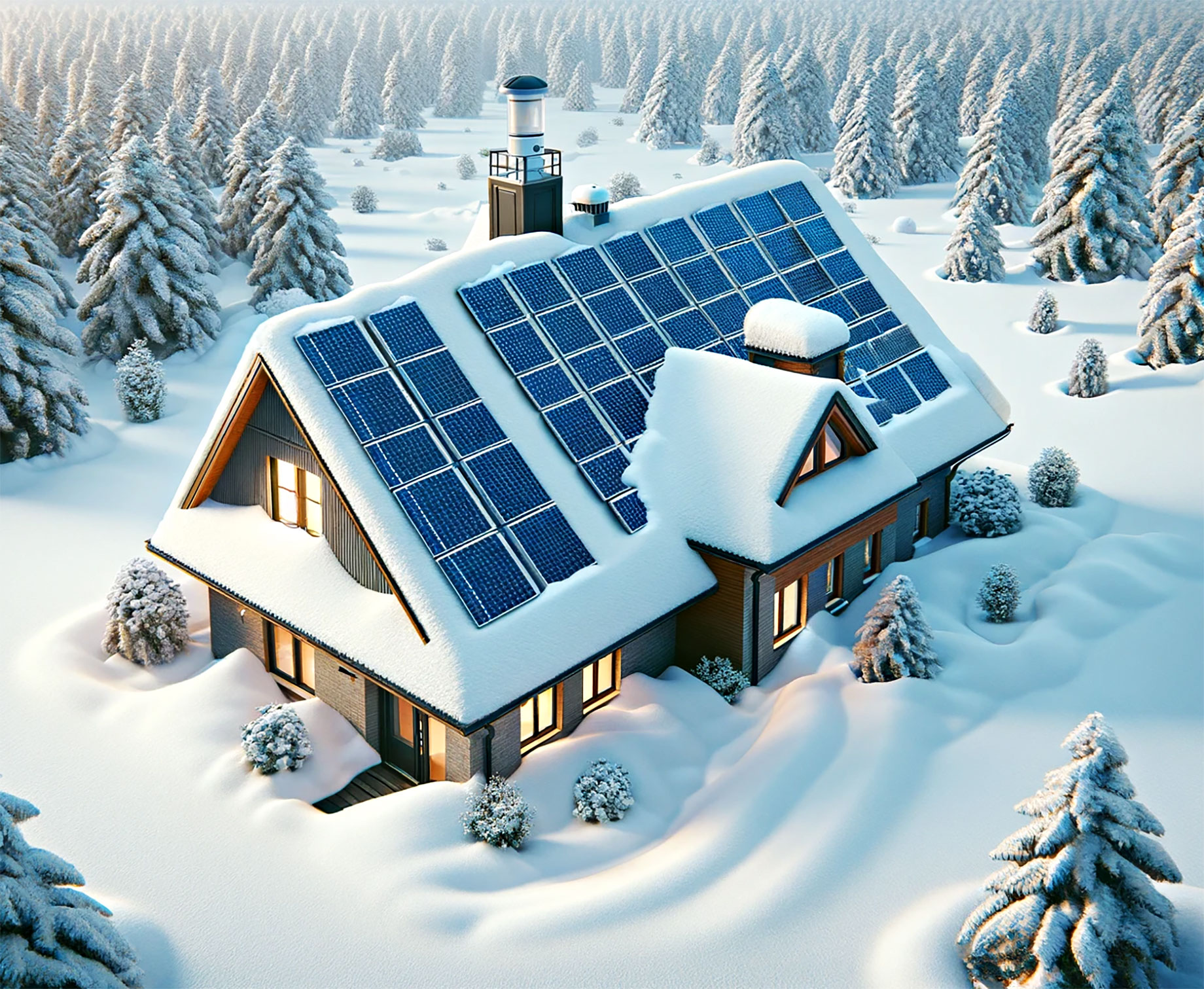 Snow-Covered Cottage House with Solar Roof Panels in the Woods