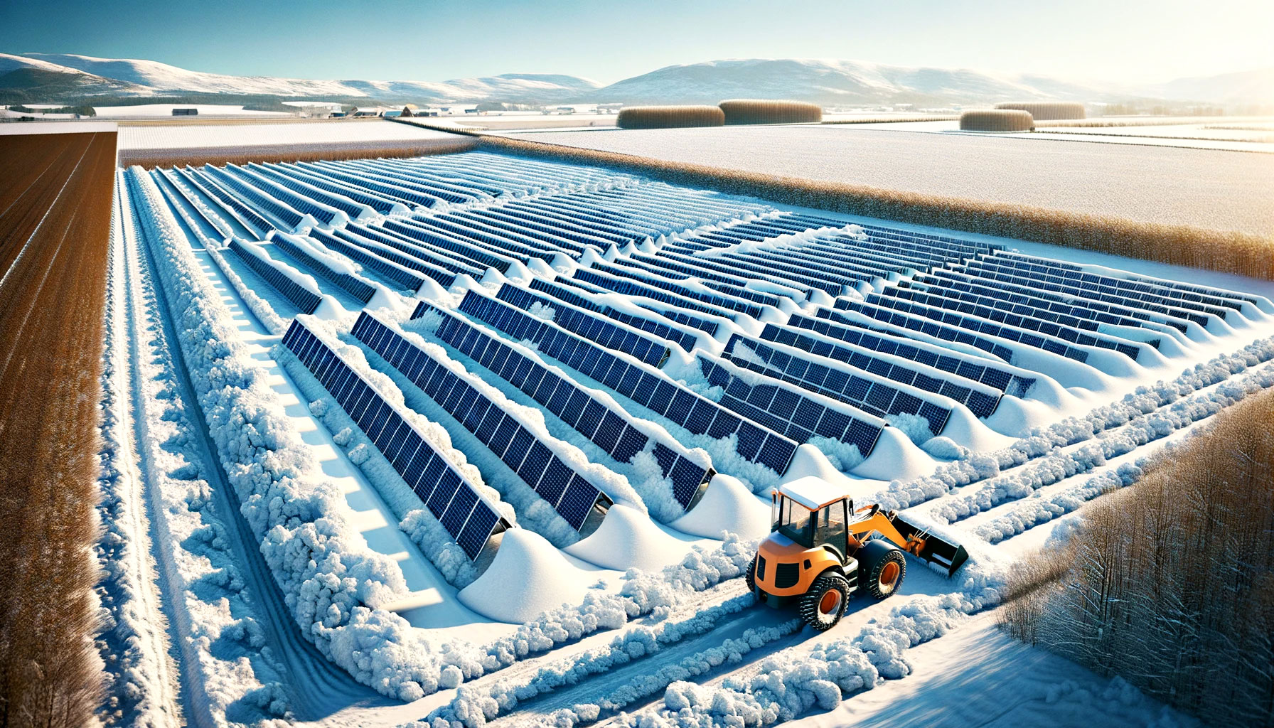 Snow Removed from Panels of a Solar Farm