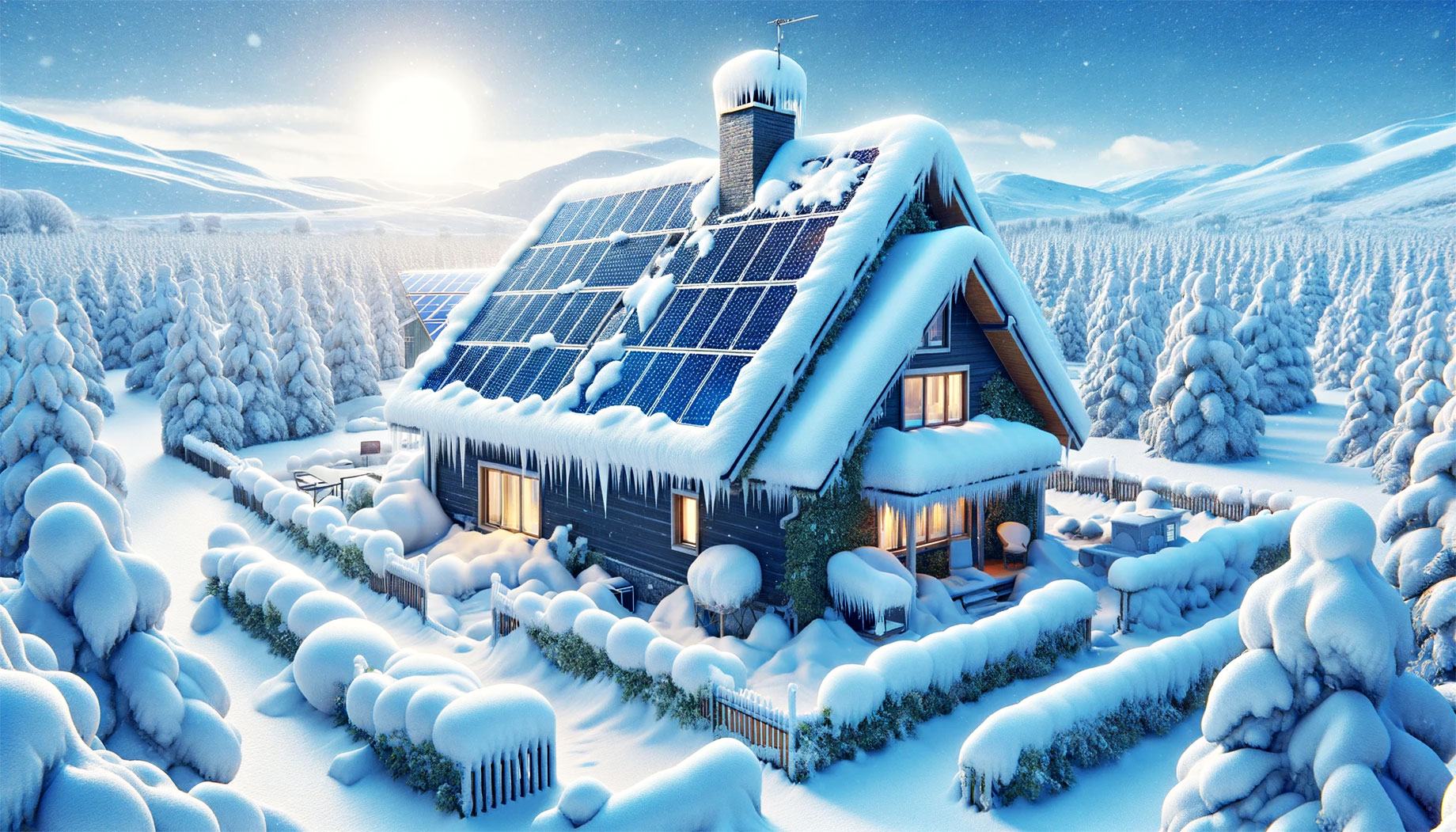 Winter Wonderland House with Snow Removed from Solar Panel Roof