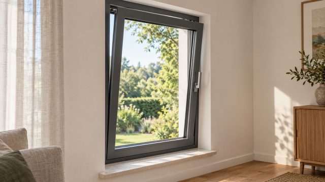 Dark-grey tilt and turn window tilted inward at the top above a stone sill, overlooking a leafy garden.