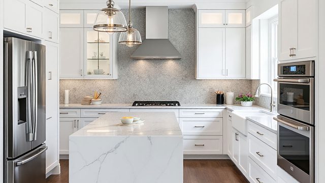 A New White Kitchen with a Marble Island
