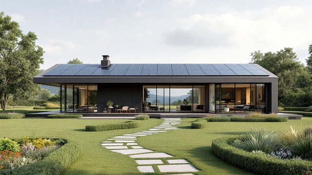 Modern Custom Home with Solar Panels on Roof