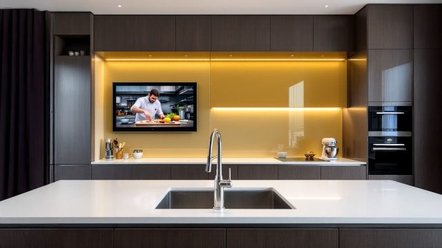 Modern Kitchen with Gold-Tinted Glass Splashback