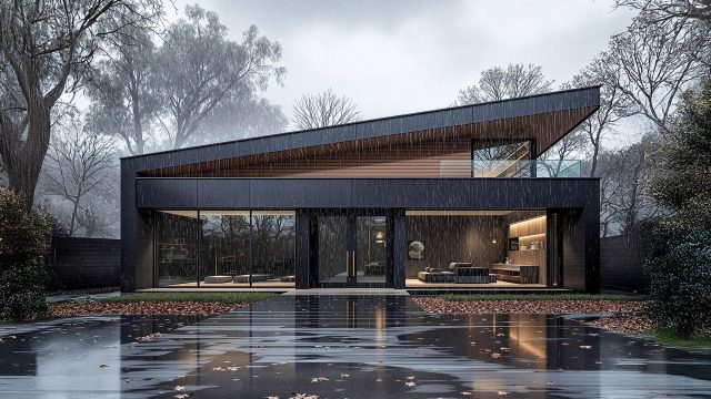 Modern Luxury Home During a Rainstorm