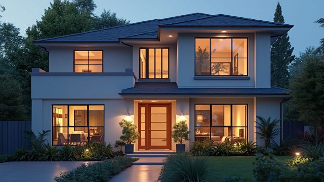 Modern Luxury Home with Lights On at Dusk