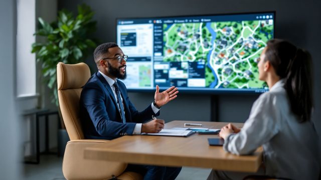 Real Estate Office Meeting with Listings on a Big Screen TV