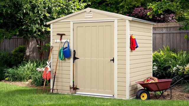 An affordable beige vinyl shed in a backyard with a closed door, surrounded by gardening tools and lawn equipment, illustrating a budget-friendly storage solution.