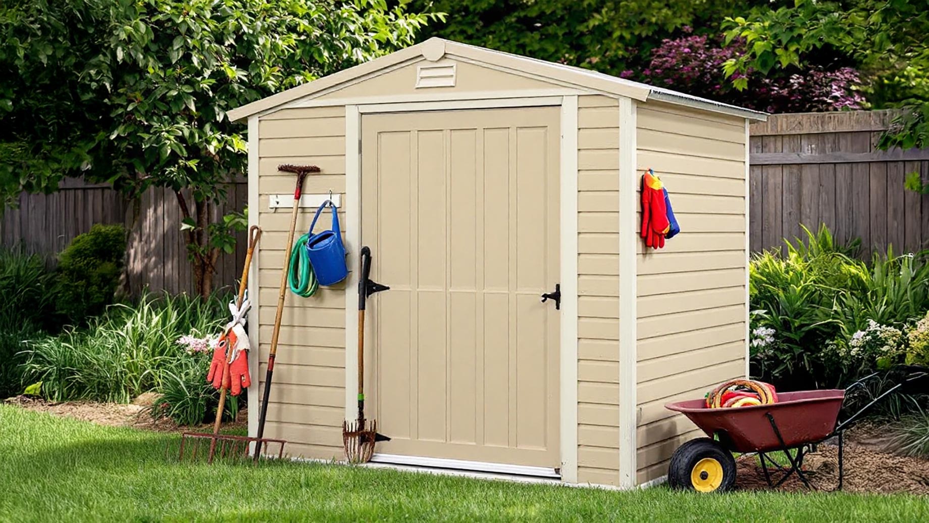 An affordable beige vinyl shed in a backyard with a closed door, surrounded by gardening tools and lawn equipment, illustrating a budget-friendly storage solution.
