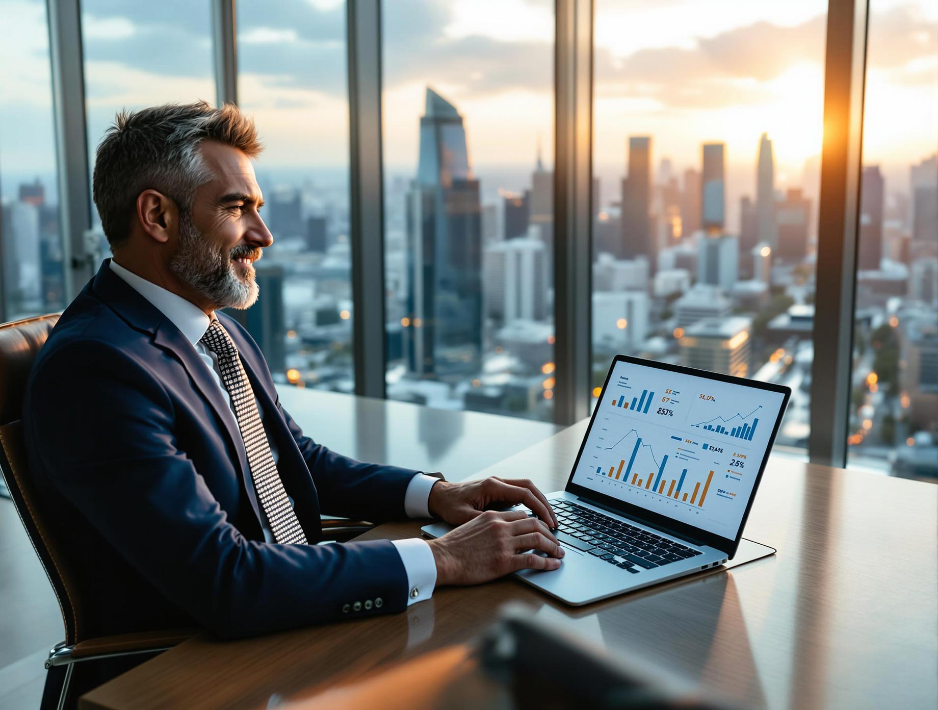 A business professional in a modern office analyzing real estate market trends on a laptop with a city skyline view.