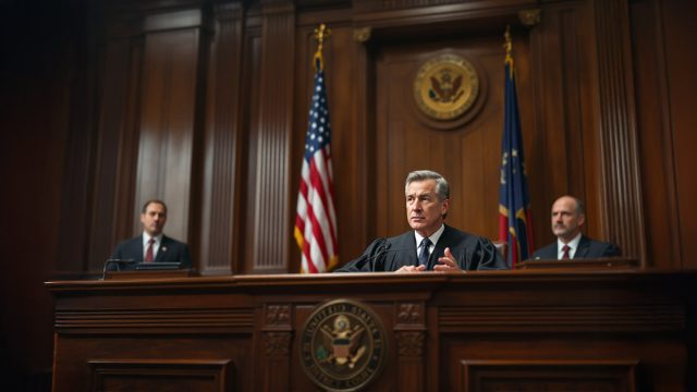 A courtroom scene depicting a civil case appeal discussion, including a judge, attorneys, and a court reporter, emphasizing the seriousness and formality of the appeal process.