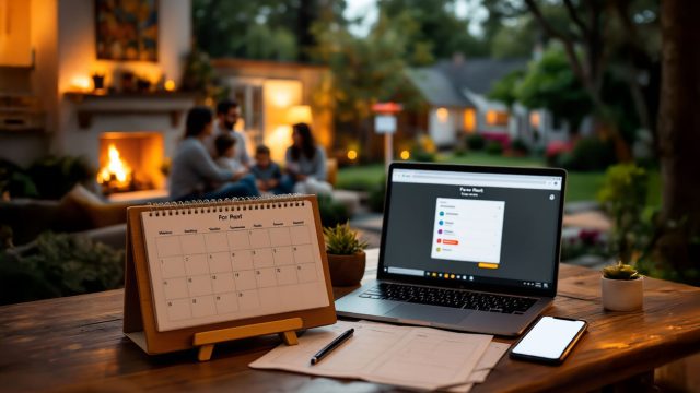 A photo-realistic image showing a family enjoying time together in a cozy home on one side and a well-maintained rental property with a "For Rent" sign on the other side. In the middle, there is a calendar with a weekly schedule, a laptop displaying property management software, and a phone with automation apps, conveying harmony between family life and property management.
