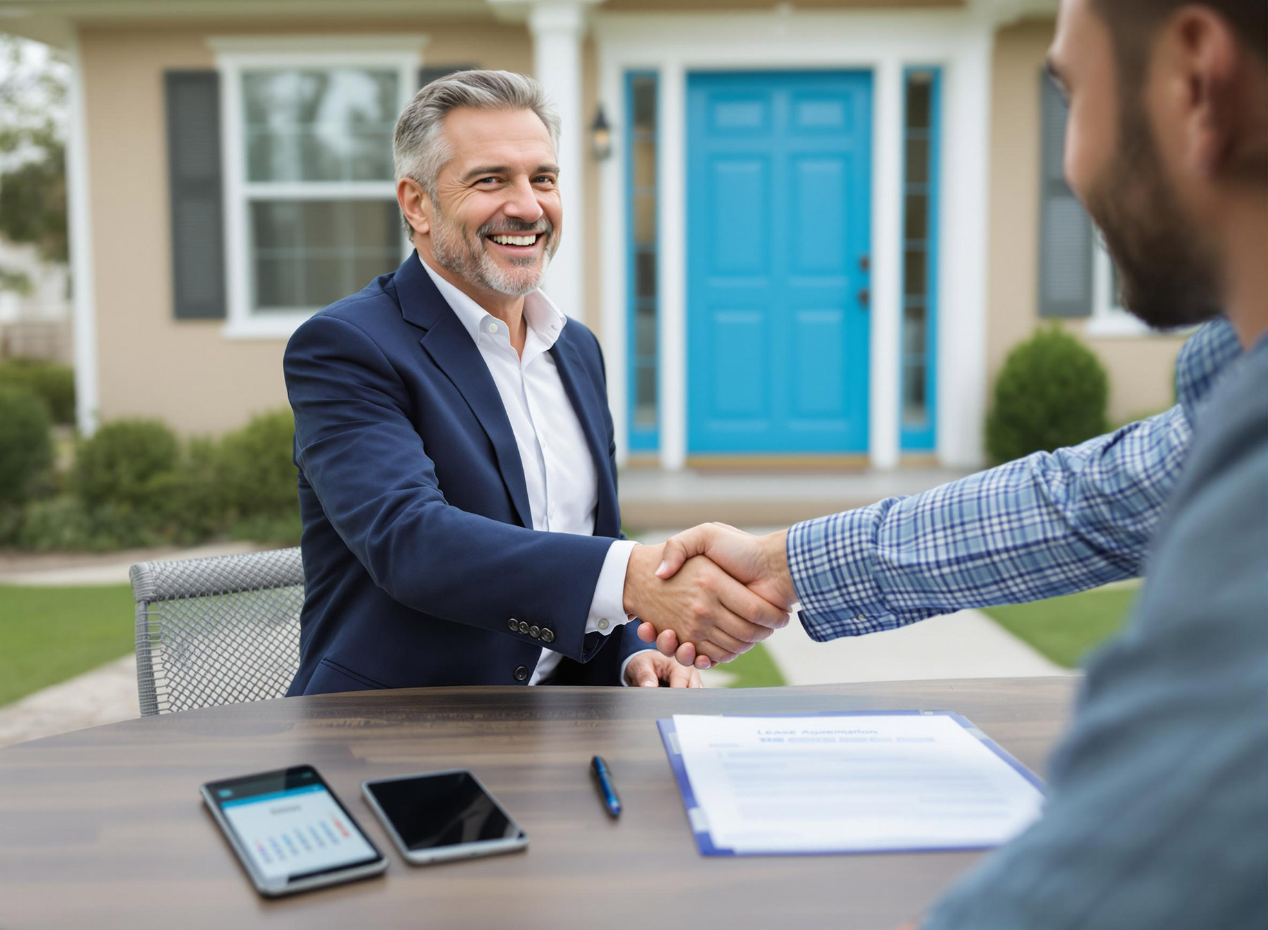A landlord and tenant shaking hands in front of a rental property, symbolizing trust and partnership, with a well-maintained house and lease agreement in the background.
