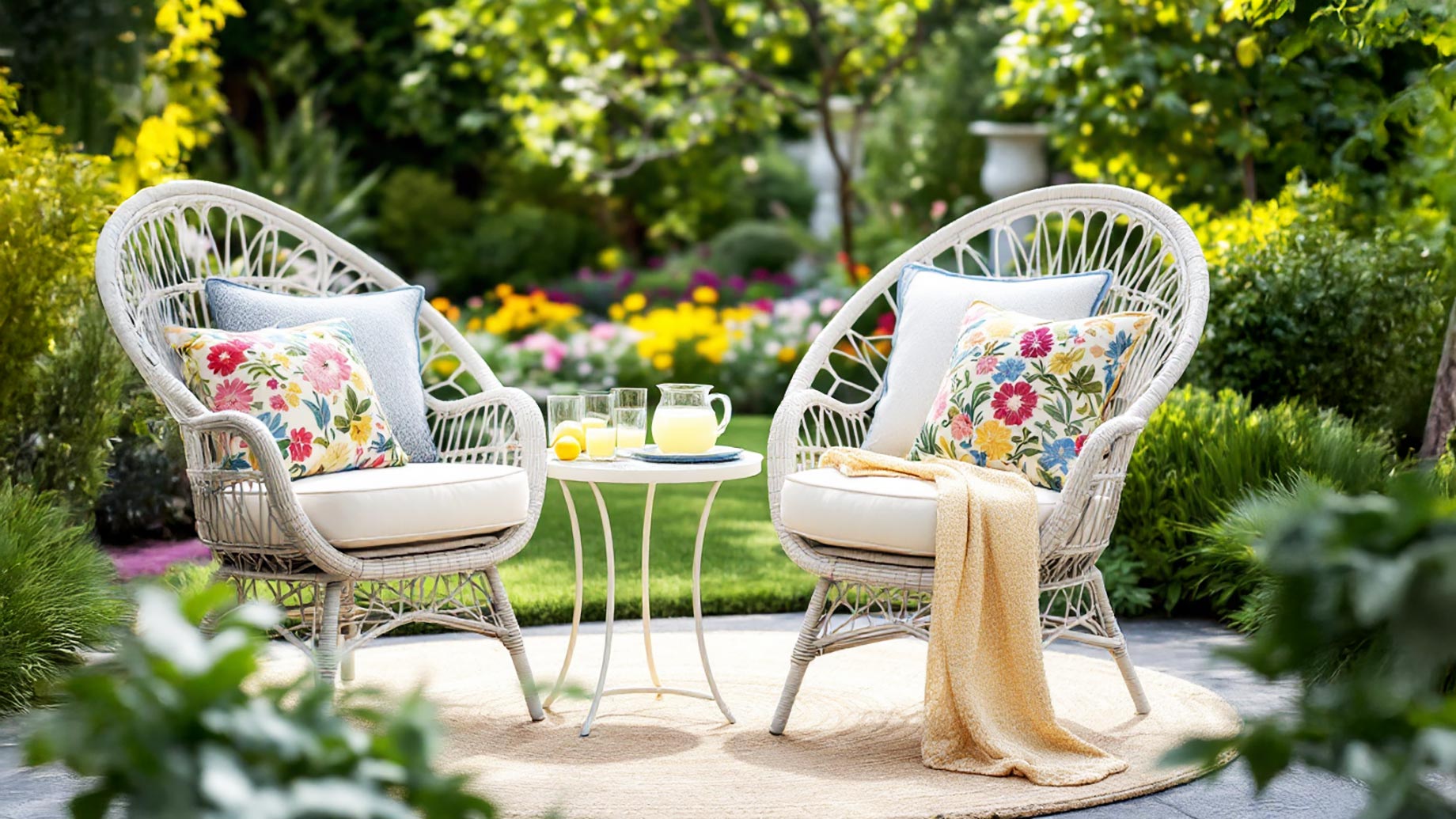 A stylish outdoor patio setting featuring wicker chairs with comfortable, vibrant cushions in various colors and patterns. The scene includes a small table with a pitcher of lemonade and glasses, suggesting a relaxing and inviting atmosphere. The background shows a well-maintained garden with greenery and flowers, emphasizing the comfort and style provided by the wicker chair cushions.