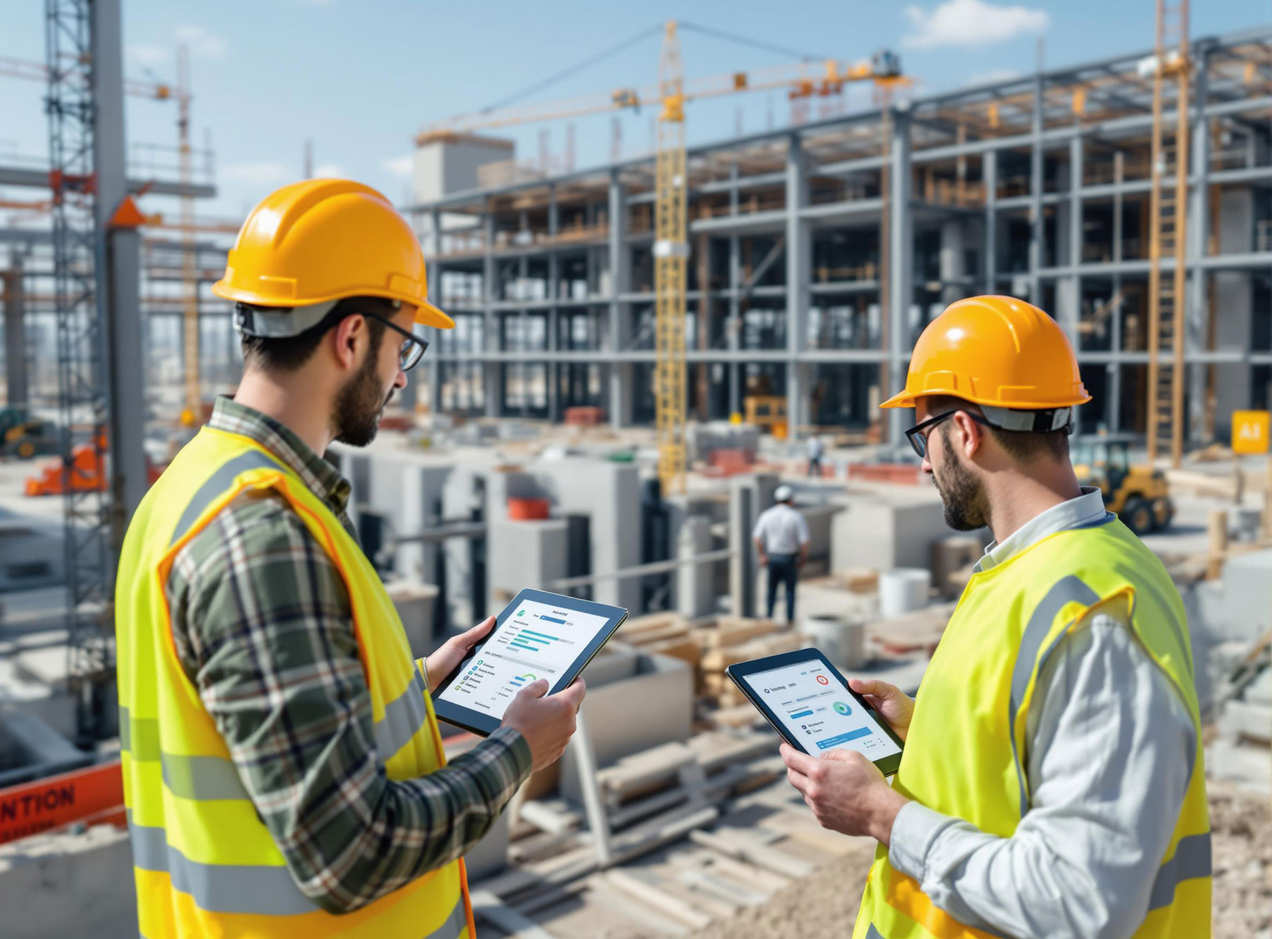 Construction workers on a modern site using AI-powered tablets to manage tasks, showcasing improved workflow and communication with digital checklists, emphasizing safety and advanced technology integration.