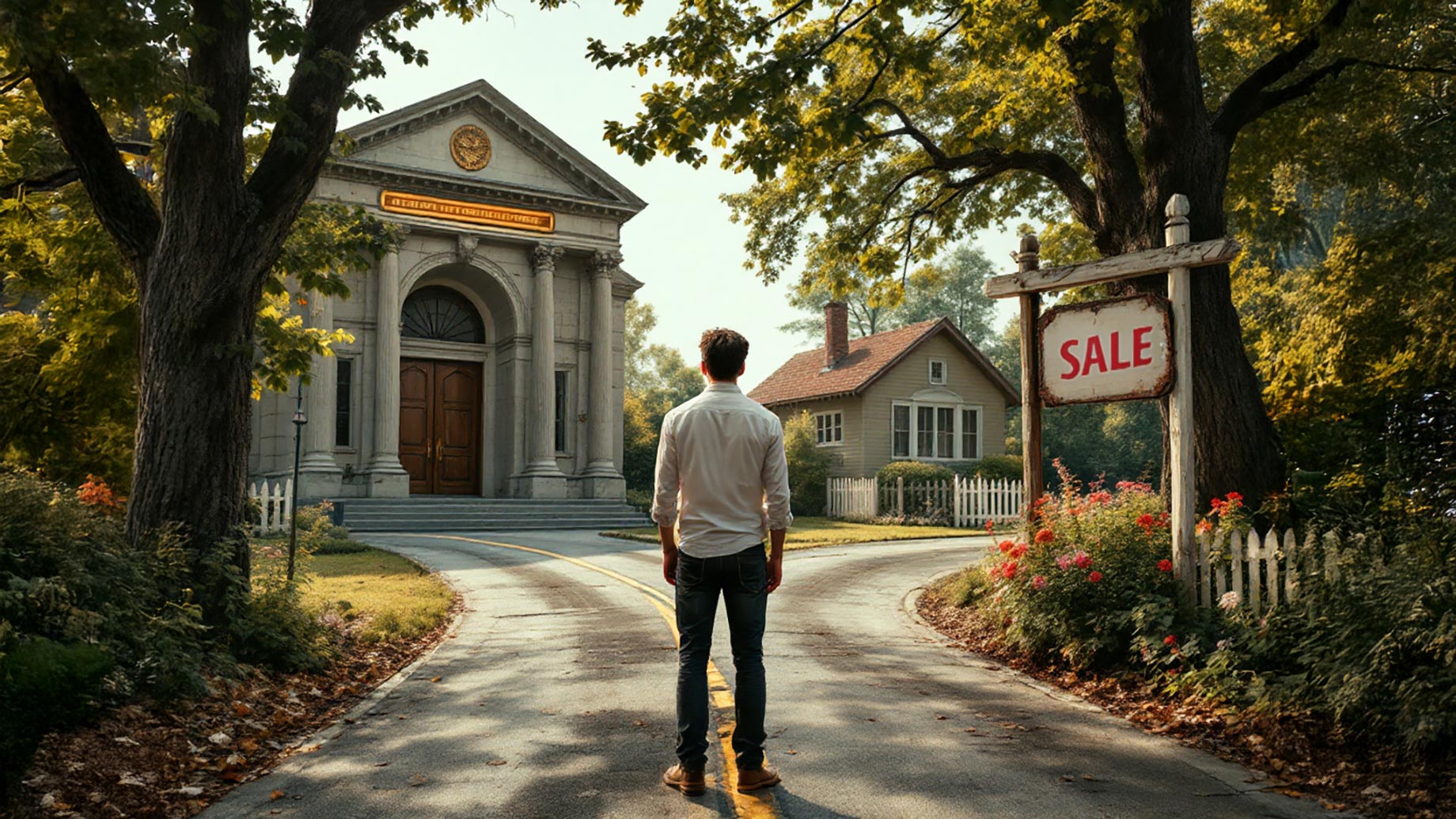 A person standing at a crossroads with one path leading to a courthouse and the other to a sold sign in front of a house, symbolizing the decision to sell a home to resolve legal troubles.