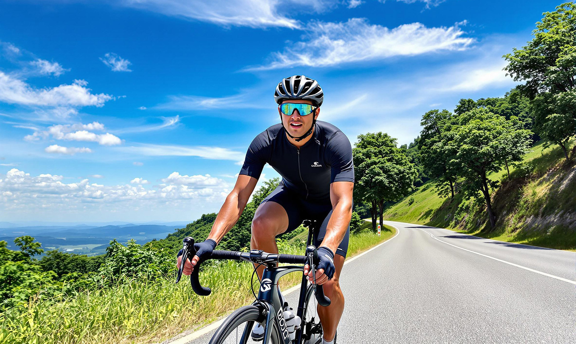 A person wearing Goodr’s Mach-GS sunglasses while cycling on a sunny day, with a clear blue sky and scenic road, highlighting the style and performance of the sunglasses.