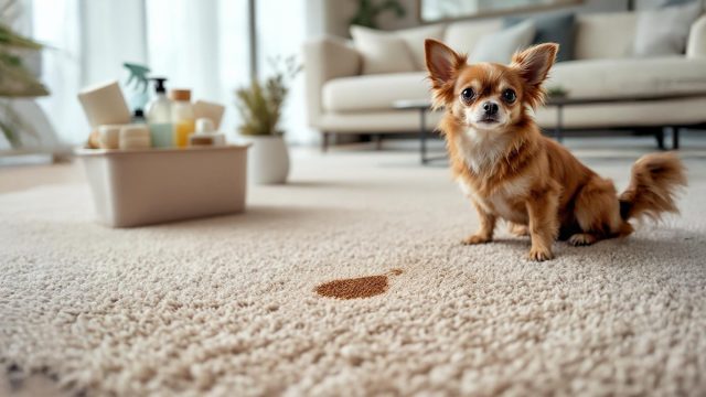 A small chihuahua dog sitting on a luxury carpet in a high-end living room with a dry pee spot and cleaning supplies nearby.