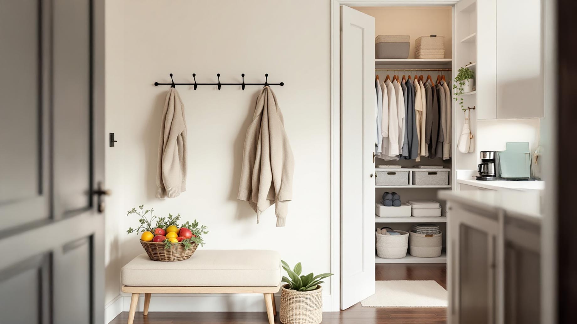 A decluttered home entryway featuring a small bench with a basket of fruit, a sleek coat rack with neatly hung coats, and an open closet showing organized clothing and storage bins. The space is clean, bright, and inviting.