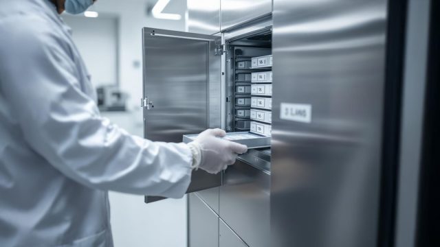 An image of a laboratory setting showcasing a high-quality microscope slide cabinet. The cabinet is made of durable materials with tightly fitting doors and numbered aluminum trays for efficient sample organization. The lab environment is clean and modern, with the cabinet placed against a wall, showcasing its space-saving design. A researcher is seen accessing the cabinet, highlighting the ease of use and organizational efficiency. The overall scene emphasizes the importance of proper storage solutions for maintaining the integrity of microscope slides.