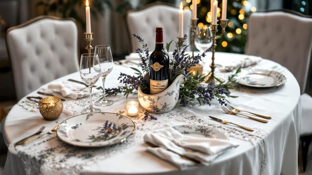 An image showcasing a beautifully set dining table with a bottle of red wine as the centerpiece. The table is adorned with elegant dinnerware, wine glasses, and a cozy ambiance, suggesting a fine dining experience. The scene captures the essence of choosing the right red wine for both cooking and gifting, highlighting the versatility and elegance of red wine in various settings.