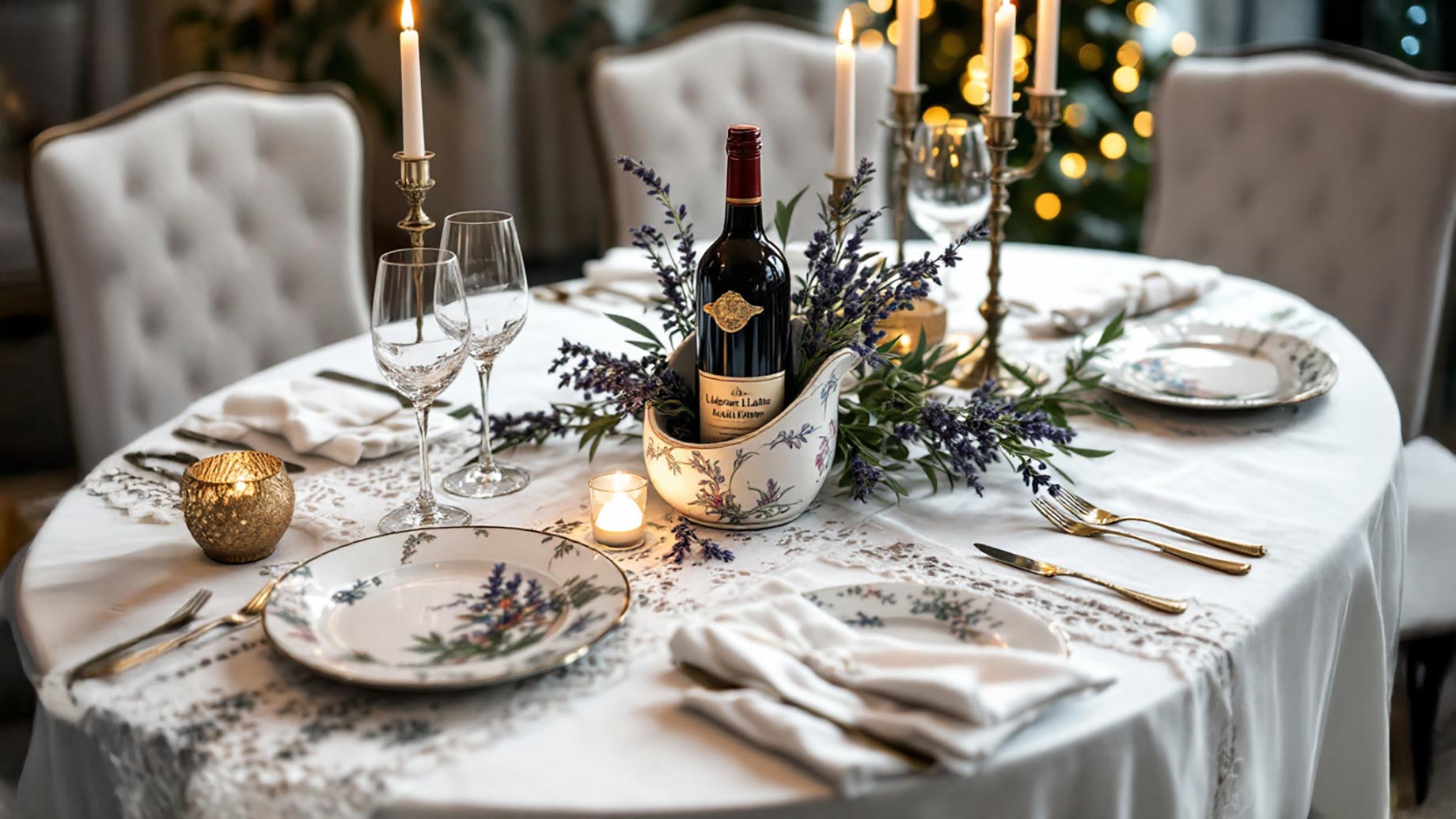 An image showcasing a beautifully set dining table with a bottle of red wine as the centerpiece. The table is adorned with elegant dinnerware, wine glasses, and a cozy ambiance, suggesting a fine dining experience. The scene captures the essence of choosing the right red wine for both cooking and gifting, highlighting the versatility and elegance of red wine in various settings.