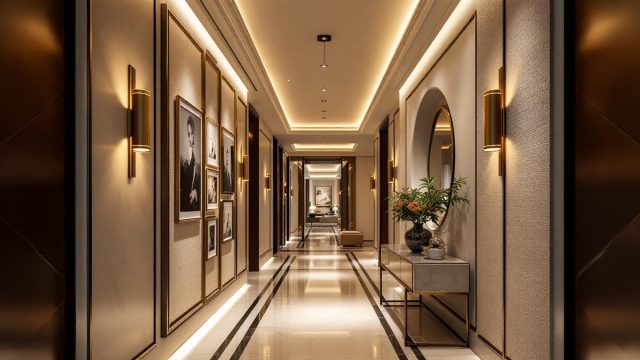 An elegantly designed hallway featuring layered lighting. The space includes ambient lighting from recessed LEDs, accent lighting highlighting artwork and architectural features, and decorative fixtures such as wall sconces and pendant lights. The hallway also incorporates dimmers for adaptive ambiance, reflective surfaces to enhance light dispersion, and smart lighting controls for convenience. The overall design combines functionality and style, creating a welcoming and sophisticated atmosphere.