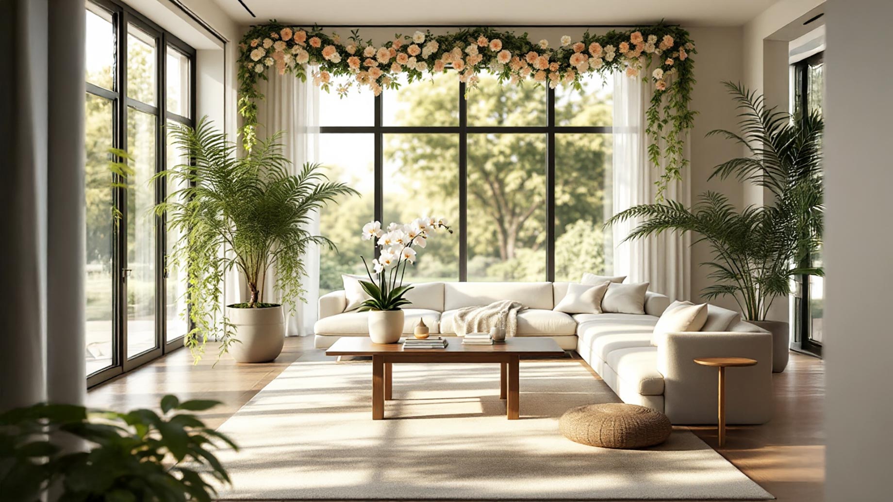 A beautifully designed living room featuring silk plants to create a serene and natural ambiance. The room includes various types of silk plants, such as potted plants, hanging planters, and floral arrangements, seamlessly integrated into the decor. The illustration conveys tranquility, elegance, and the effortless beauty of incorporating greenery into interior design.