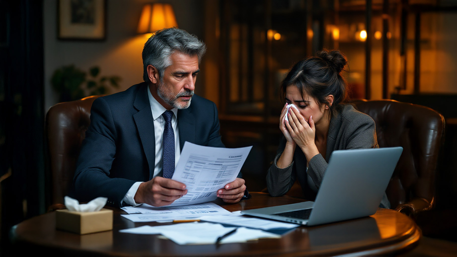 A person sitting in a lawyer's office, discussing a personal injury case with emotional and legal complexities, including legal documents, a laptop, and a box of tissues.