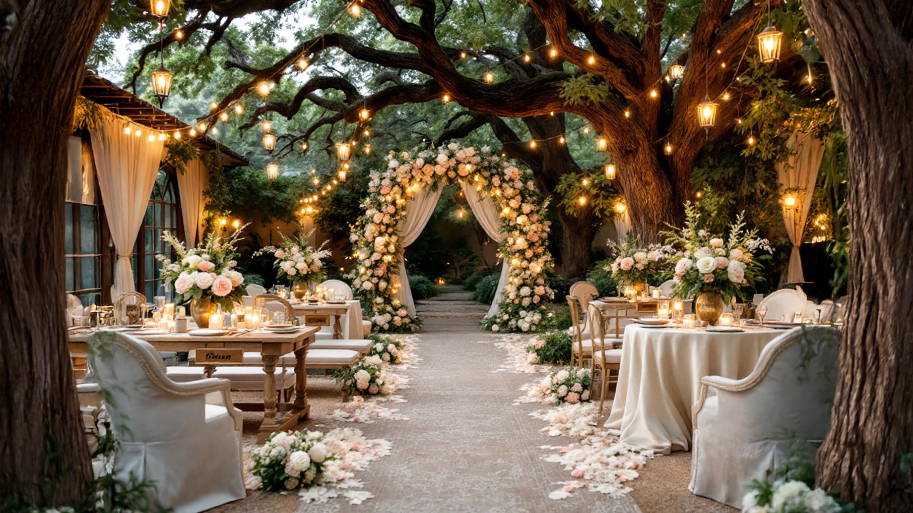 A beautifully decorated outdoor wedding venue with tables adorned with floral arrangements, elegant chairs with fabric accents, and ambient lighting. The setting features a floral archway, string lights hanging from trees, and a pathway lined with petals, creating a romantic and enchanting atmosphere.