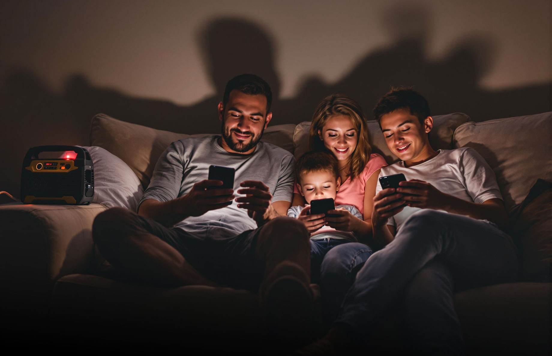 Family Enjoying a Cozy Night with a Battery Generator