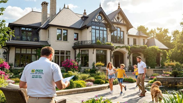 Family Outside of High-End Home with Professional Pest Inspector On-Site