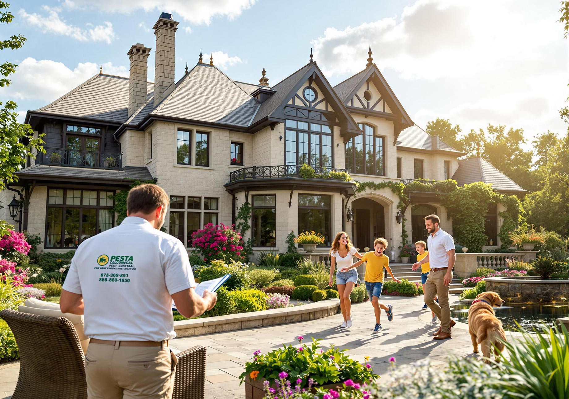 Family Outside of High-End Home with Professional Pest Inspector On-Site