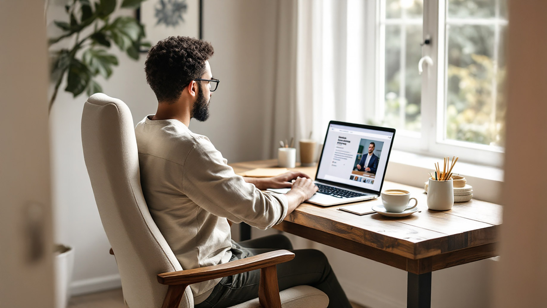 A person engaged in on-demand learning at a comfortable home office setup with a laptop displaying an online course, a notebook, and a cup of coffee, emphasizing the flexibility and convenience of on-demand learning.