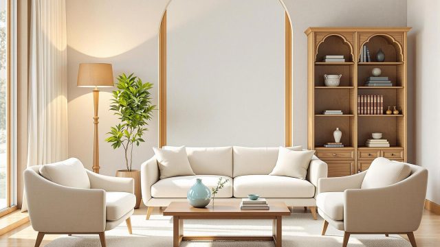 A serene and balanced living room designed with Feng Shui principles, featuring a large arched window, comfortable beige sofas, a wooden coffee table, a tall floor lamp, a wooden bookshelf, and a large green plant, creating a harmonious and inviting atmosphere.