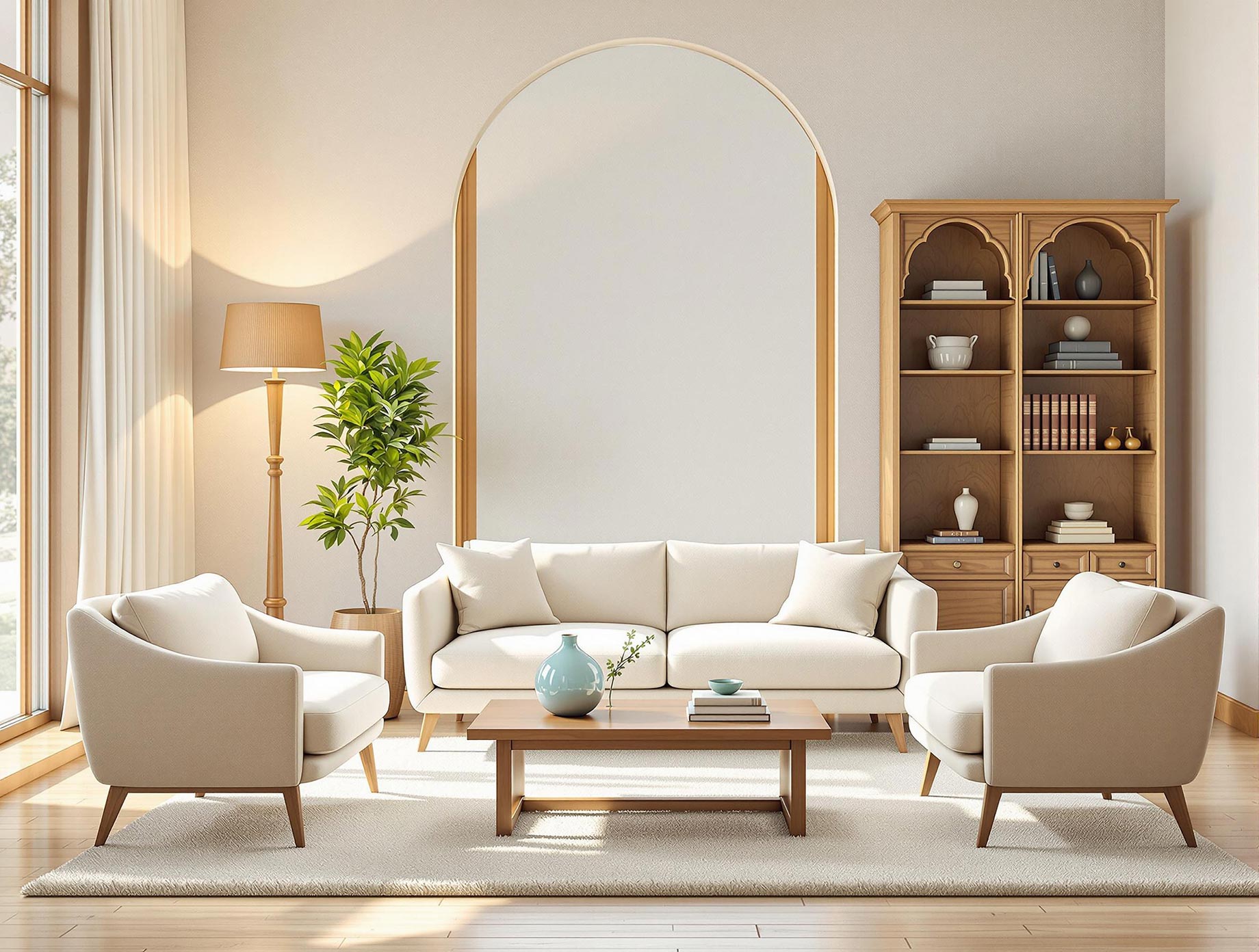 A serene and balanced living room designed with Feng Shui principles, featuring a large arched window, comfortable beige sofas, a wooden coffee table, a tall floor lamp, a wooden bookshelf, and a large green plant, creating a harmonious and inviting atmosphere.