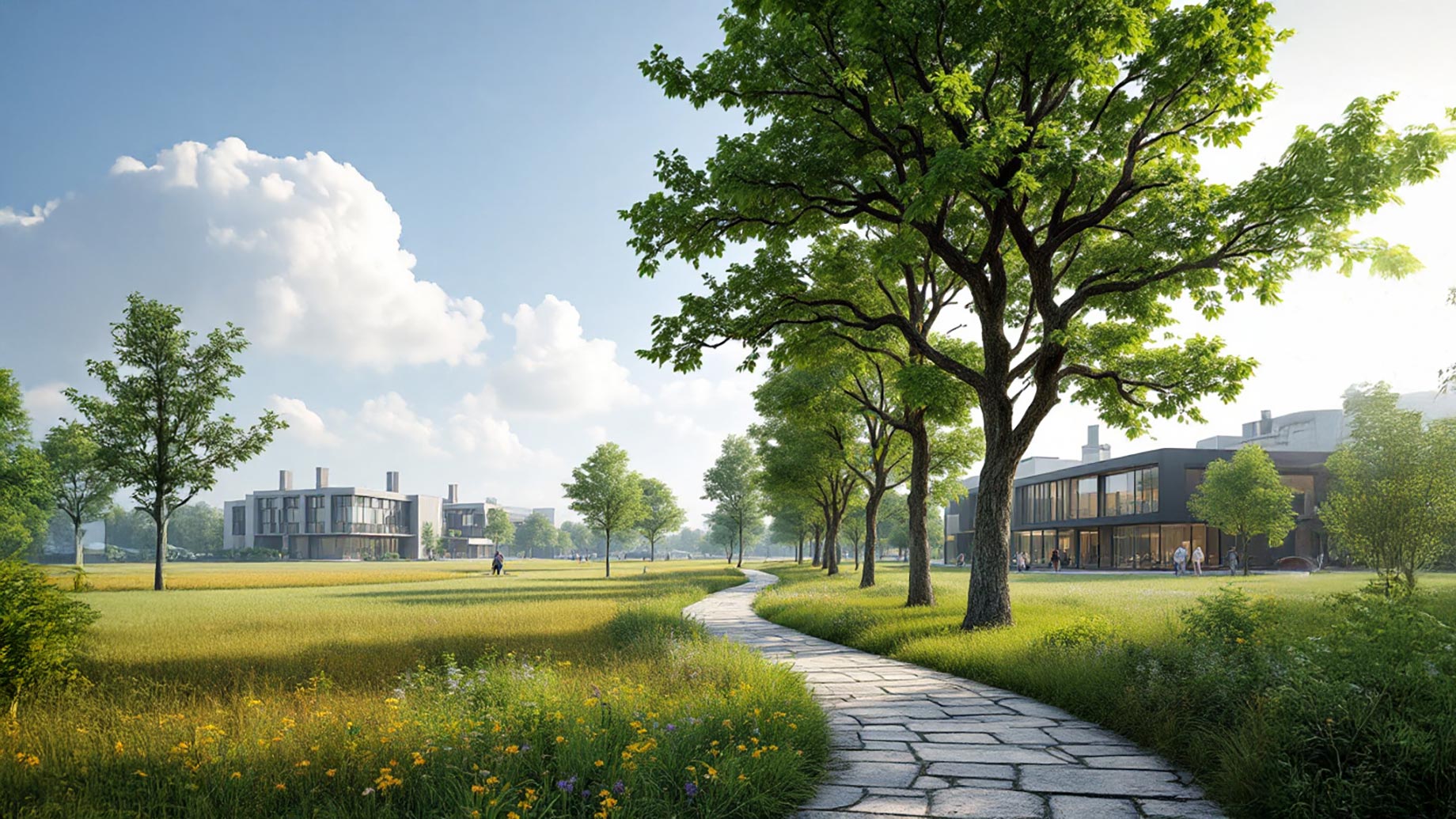 A scenic pathway winding through a lush, green landscape with tall trees and modern buildings in the background, under a bright blue sky with fluffy clouds.